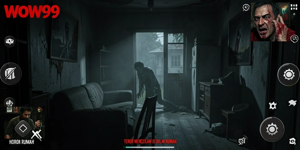 Tampilan antarmuka yang mencekam dalam permainan Horor Rumah.